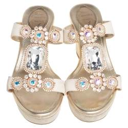 Rene Caovilla Gold Glitter Nubuck Embellished Wedge Platform Slide Sandals Size 37
