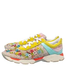 Rene Caovilla Multicolor Lace And Suede Flower Embellished Lace Up Sneakers Size 40
