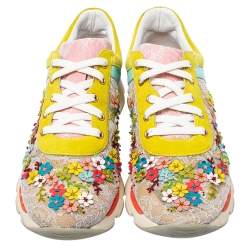 Rene Caovilla Multicolor Lace And Suede Flower Embellished Lace Up Sneakers Size 40