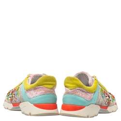 Rene Caovilla Multicolor Lace And Suede Flower Embellished Lace Up Sneakers Size 40