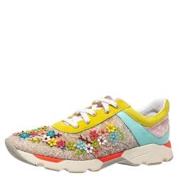 Rene Caovilla Multicolor Lace And Suede Flower Embellished Lace Up Sneakers Size 40
