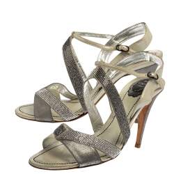 René Caovilla Silver/Grey Embellished Satin And Glitter Nubuck Leather Ankle Strap Sandals Size 39.5