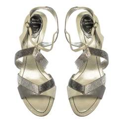 René Caovilla Silver/Grey Embellished Satin And Glitter Nubuck Leather Ankle Strap Sandals Size 39.5
