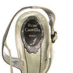 René Caovilla Silver/Grey Embellished Satin And Glitter Nubuck Leather Ankle Strap Sandals Size 39.5