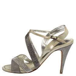 René Caovilla Silver/Grey Embellished Satin And Glitter Nubuck Leather Ankle Strap Sandals Size 39.5