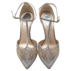 René Caovilla Grey Leather  And Mesh Embellishment T Strap Pumps Size 39