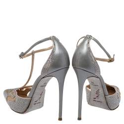 René Caovilla Grey Leather  And Mesh Embellishment T Strap Pumps Size 39