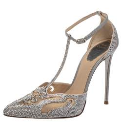 René Caovilla Grey Leather  And Mesh Embellishment T Strap Pumps Size 39
