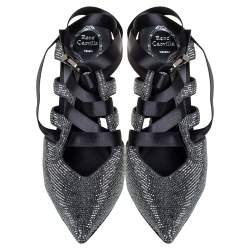 Pre Owned حذاء سلايد رينيه كوفيلا ساتان مزخرف كريستال أسود سير كاحل مقاس 39.5