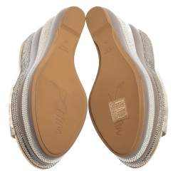 René Caovilla Silver Textured Leather Embellished Wedge Platform Slide Sandals Size 36