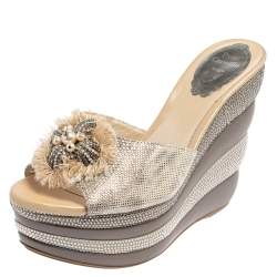 René Caovilla Silver Textured Leather Embellished Wedge Platform Slide Sandals Size 36