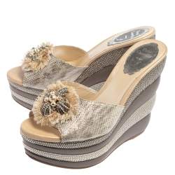 René Caovilla Silver Textured Leather Embellished Wedge Platform Slide Sandals Size 36