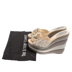 René Caovilla Silver Textured Leather Embellished Wedge Platform Slide Sandals Size 36