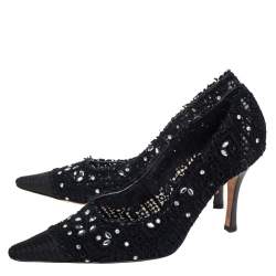 René Caovilla Black Lace And Canvas Crystal Embellished Pumps Size 40