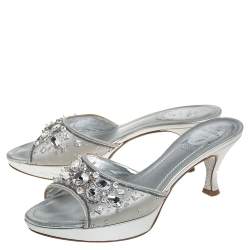 Pre Owned René Caovilla Metallic Silver Satin Crystal Embellished Slide Sandals Size 38