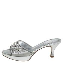 Pre Owned René Caovilla Metallic Silver Satin Crystal Embellished Slide Sandals Size 38