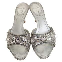 Pre Owned René Caovilla Metallic Silver Satin Crystal Embellished Slide Sandals Size 38