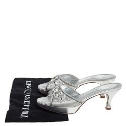 Pre Owned René Caovilla Metallic Silver Satin Crystal Embellished Slide Sandals Size 38