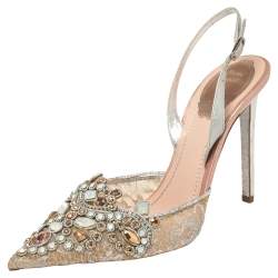 Pre Owned René Caovilla Silver Crystal Embellished Lace And Leather Slingback Sandals Size 38.5