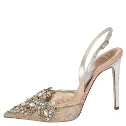 Pre Owned René Caovilla Silver Crystal Embellished Lace And Leather Slingback Sandals Size 38.5