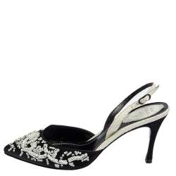 René Caovilla Black Satin And Python Sequin Embellished Pointed Toe Slingback Sandals Size 38.5