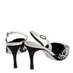 René Caovilla Black Satin And Python Sequin Embellished Pointed Toe Slingback Sandals Size 38.5