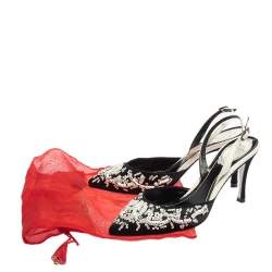 René Caovilla Black Satin And Python Sequin Embellished Pointed Toe Slingback Sandals Size 38.5