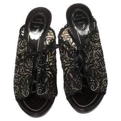 Pre Owned صندل سلايد رينيه كوفيلا مزخرف كريستال دانتيل أسود مقاس 38.5