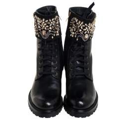 Pre Owned Rene Caovilla Black Leather And Crystal Embellished Suede Combat Boots Size 40