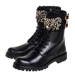 Pre Owned Rene Caovilla Black Leather And Crystal Embellished Suede Combat Boots Size 40