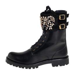 Pre Owned Rene Caovilla Black Leather And Crystal Embellished Suede Combat Boots Size 40