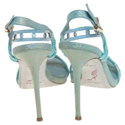 Pre Owned صندل رينيه كوفيلا سير كاحل جلد أزرق ميتاليك مزخرف كريستال مقاس 37 