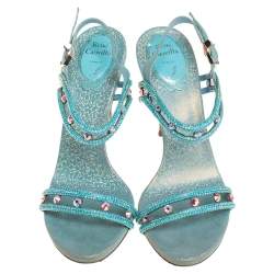 Pre Owned صندل رينيه كوفيلا سير كاحل جلد أزرق ميتاليك مزخرف كريستال مقاس 37 