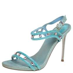 Pre Owned صندل رينيه كوفيلا سير كاحل جلد أزرق ميتاليك مزخرف كريستال مقاس 37 
