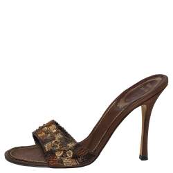 Pre Owned René Caovilla Brown Leather Embellished Slide Sandals Size 38