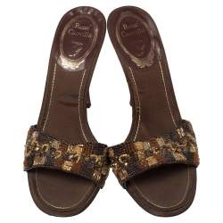 Pre Owned René Caovilla Brown Leather Embellished Slide Sandals Size 38