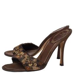 Pre Owned René Caovilla Brown Leather Embellished Slide Sandals Size 38