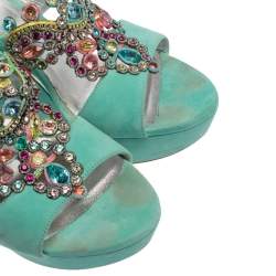 Pre Owned صندل رينيه كوفيلا كعب روكي مزخرف جواهر سويدي أكوامارين مقاس 38.5