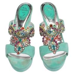 Pre Owned صندل رينيه كوفيلا كعب روكي مزخرف جواهر سويدي أكوامارين مقاس 38.5