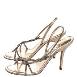 Pre Owned Rene Caovilla Metallic Gold Crystal Embellished Leather Open Toe Slingback Sandals Size 40