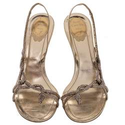 Pre Owned Rene Caovilla Metallic Gold Crystal Embellished Leather Open Toe Slingback Sandals Size 40