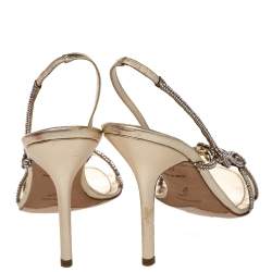 Pre Owned Rene Caovilla Metallic Gold Crystal Embellished Leather Open Toe Slingback Sandals Size 40