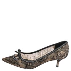 René Caovilla Beige/Black Lace And Net Hematite Pumps Size 39