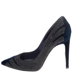 Pre Owned حذاء كعب عالي رينيه كوفيللا قطيفة زرقاء مزخرف كريستال مقدمة مدببة مقاس 38