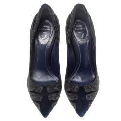 Pre Owned حذاء كعب عالي رينيه كوفيللا قطيفة زرقاء مزخرف كريستال مقدمة مدببة مقاس 38