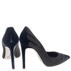 Pre Owned حذاء كعب عالي رينيه كوفيللا قطيفة زرقاء مزخرف كريستال مقدمة مدببة مقاس 38