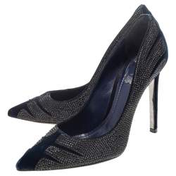 Pre Owned حذاء كعب عالي رينيه كوفيللا قطيفة زرقاء مزخرف كريستال مقدمة مدببة مقاس 38