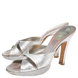 Rene Caovilla Metallic Silver Leather Slide Sandals Size 37.5