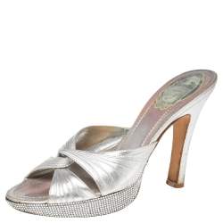 Rene Caovilla Metallic Silver Leather Slide Sandals Size 37.5