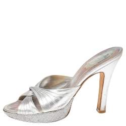 Rene Caovilla Metallic Silver Leather Slide Sandals Size 37.5